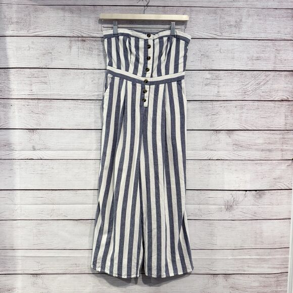 American Eagle Blue Ivory Striped Button Front Jumpsuit Size Small Petite - Picture 2 of 13